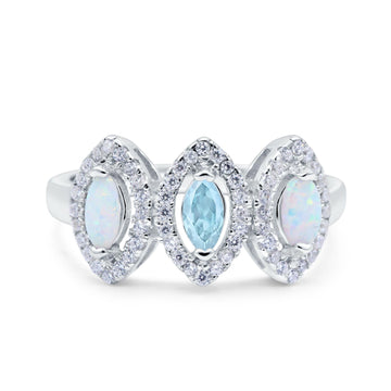 Halo Marquise Three Stone Wedding Bridal Ring Simulated Aquamarine CZ 925 Sterling Silver